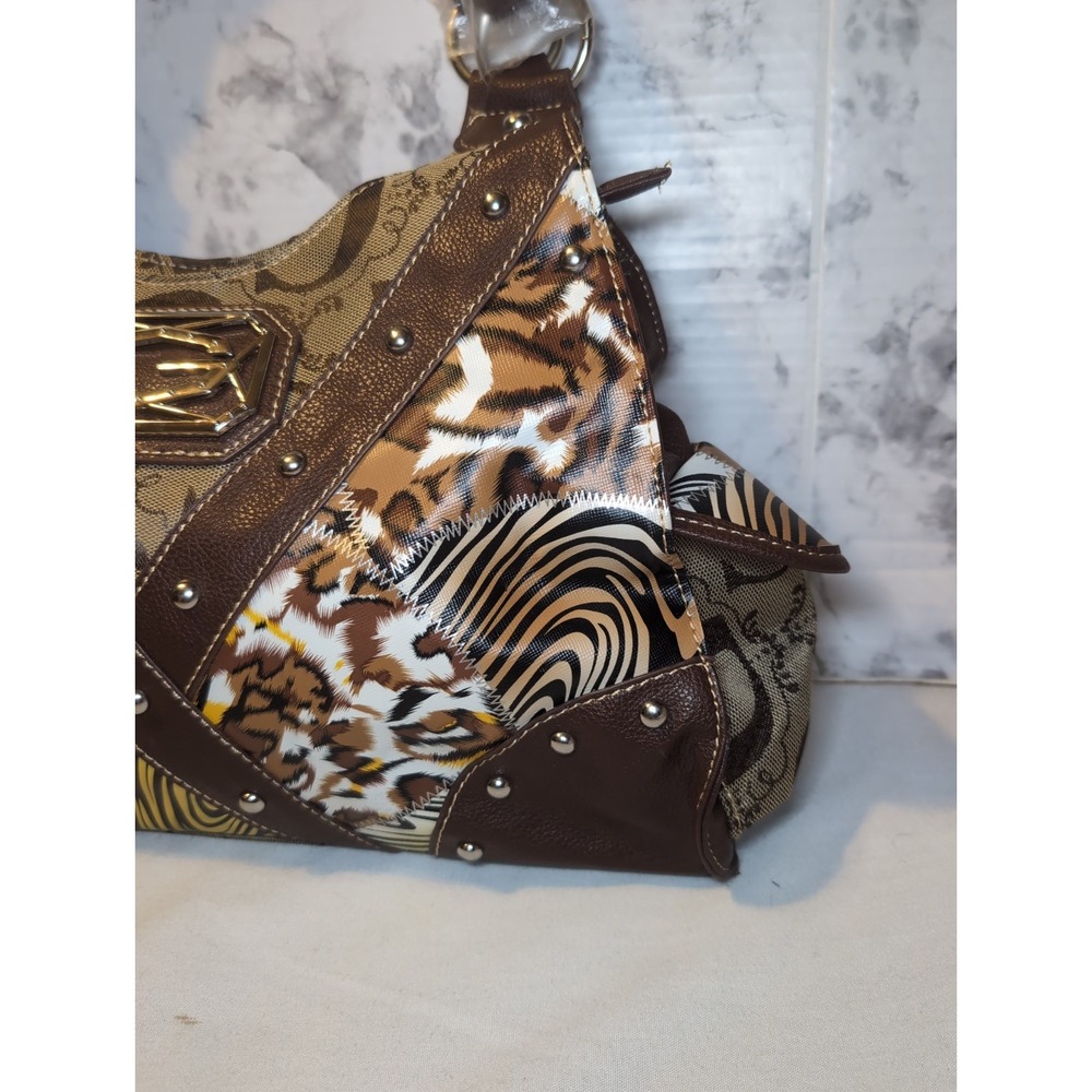 GUESS ? Patchwork Animal Purse Bag Silver Logo Hardware Double Handles 14.5"x9" - Picture 4 of 11